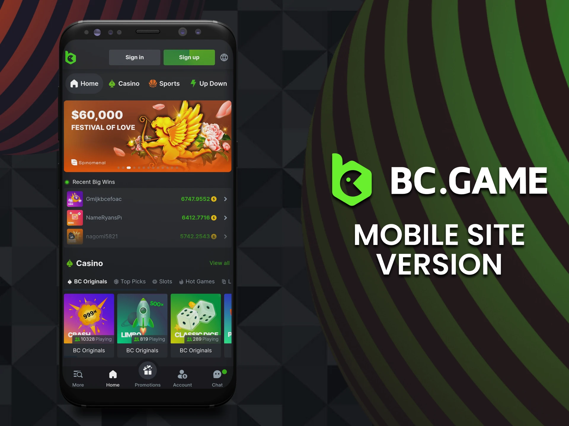 The mobile website version offers the same features as the BC Game app.