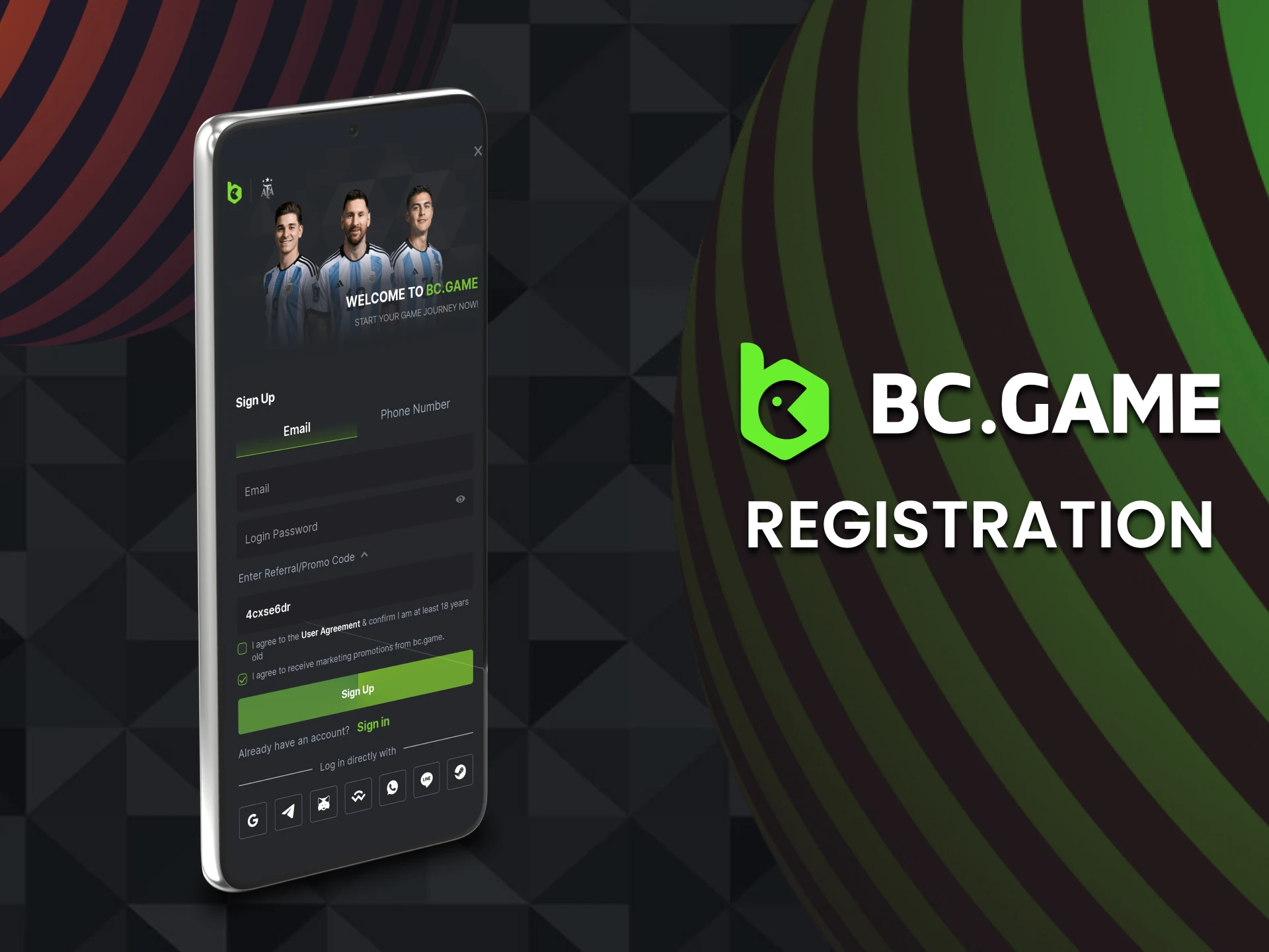 You can create an account through the BC Game app.