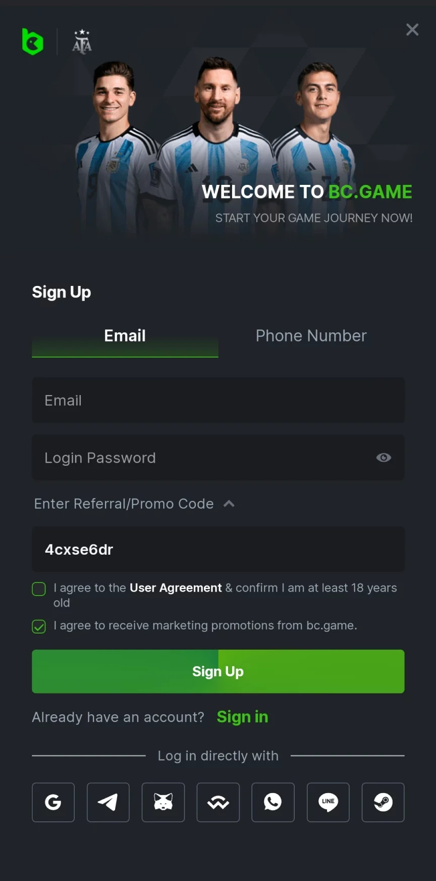 Visit the BC Game app registration page.