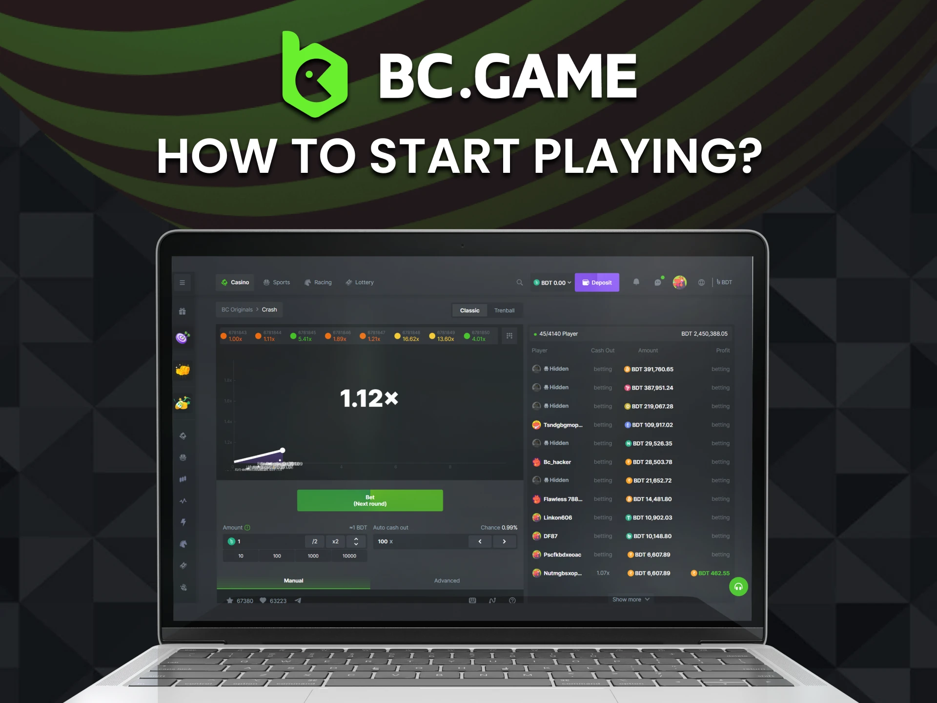 Go to the casino section to start playing crash games on BC Game.