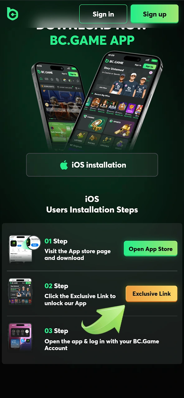 Use the special link to access the BC Game app on iOS.