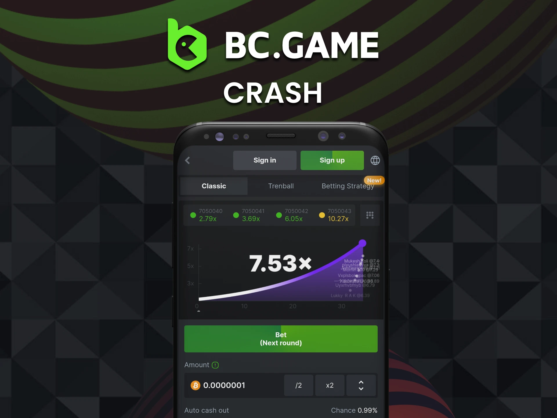 Play crash games in the BC Game app.