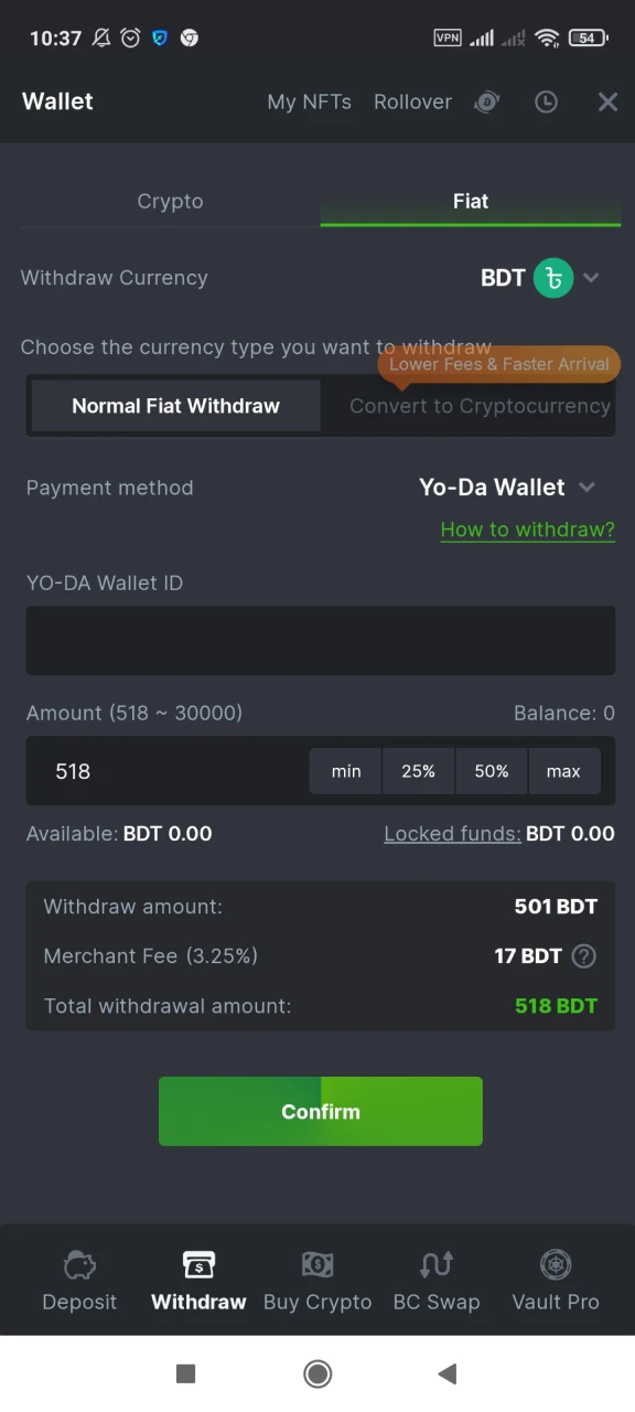 Fill in the information in the withdrawal window on BC Game.