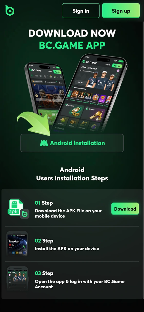 Start downloading the BC Game app by clicking the button.
