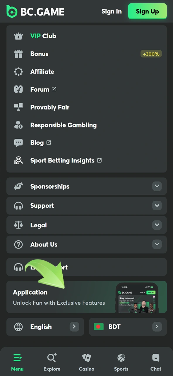 Find the applications section on the BC Game website.