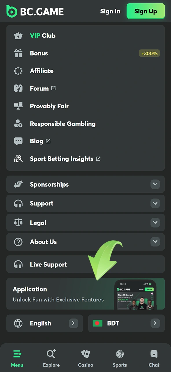 Find the BC Game apps section in the website menu.